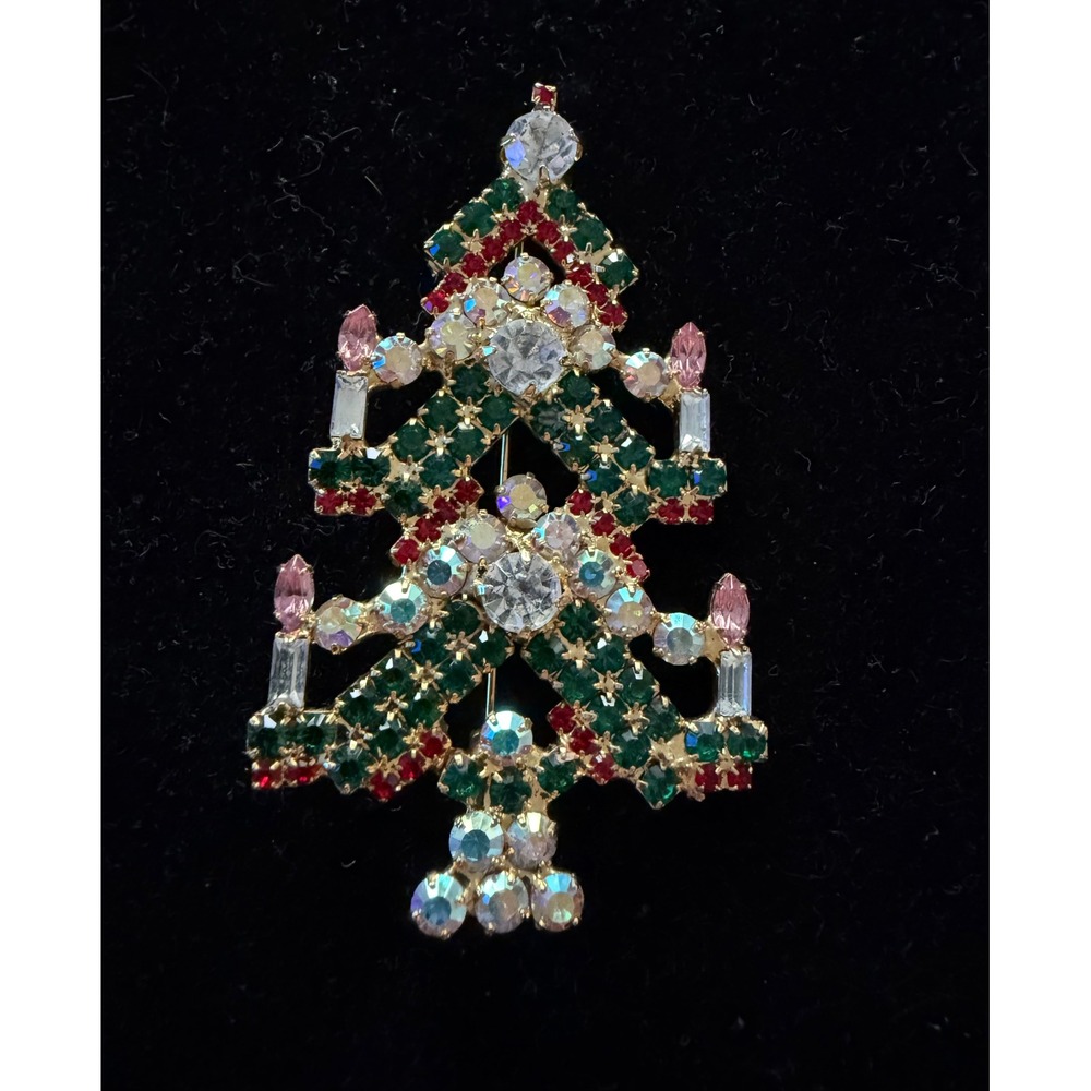 Vintage Rhinestone Christmas tree Pin 2.75"